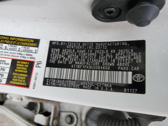 4T1BF1FK9CU564650 - 2012 TOYOTA CAMRY BASE WHITE photo 12