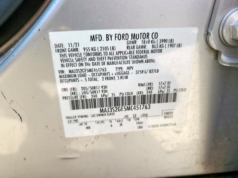 MAJ3S2GE5MC451763 - 2021 FORD ECOSPORT SE 银色 照片 12
