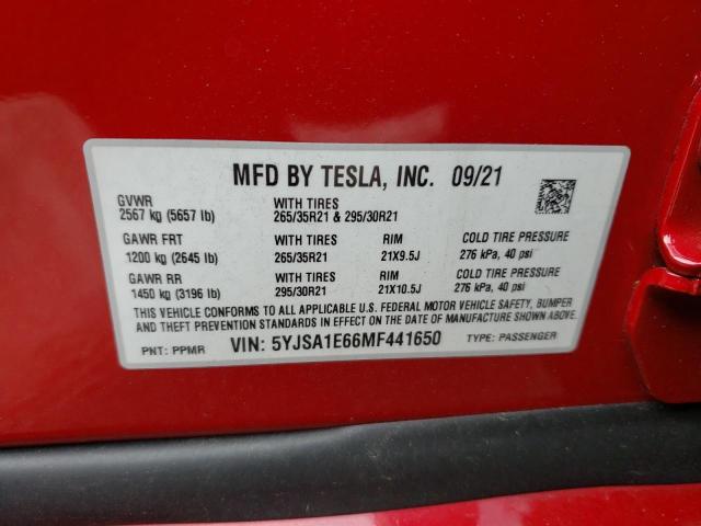 5YJSA1E66MF441650 - 2021 TESLA MODEL S Կարմիր լուսանկար 12