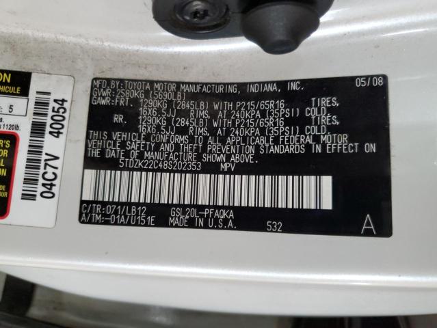 5TDZK22C48S202353 - 2008 TOYOTA SIENNA XLE Weiß Foto 13
