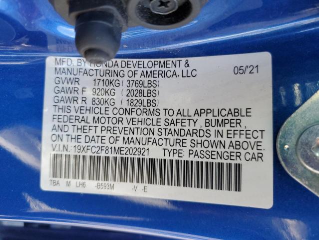 19XFC2F81ME202921 - 2021 HONDA CIVIC SPORT BLUE photo 12