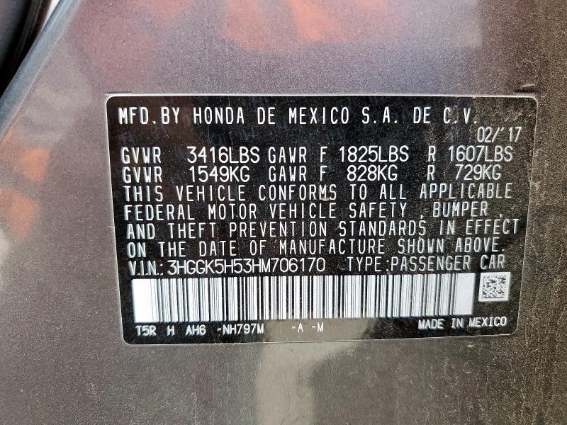 3HGGK5H53HM706170 - 2017 HONDA FIT LX ნაცრისფერი ფოტო 12