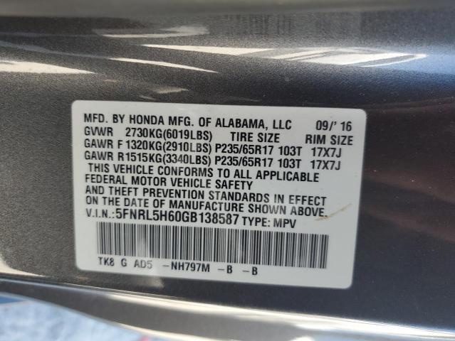 5FNRL5H60GB138587 - 2016 HONDA ODYSSEY EXL GRAY photo 14