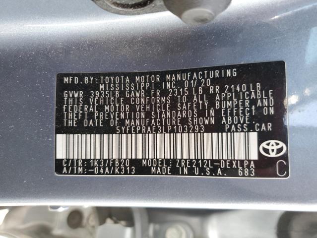 5YFEPRAE3LP103293 - 2020 TOYOTA COROLLA LE BLUE photo 12