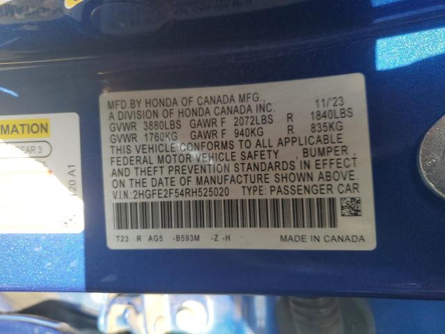 2HGFE2F54RH525020 - 2024 HONDA CIVIC SPORT BLUE photo 12