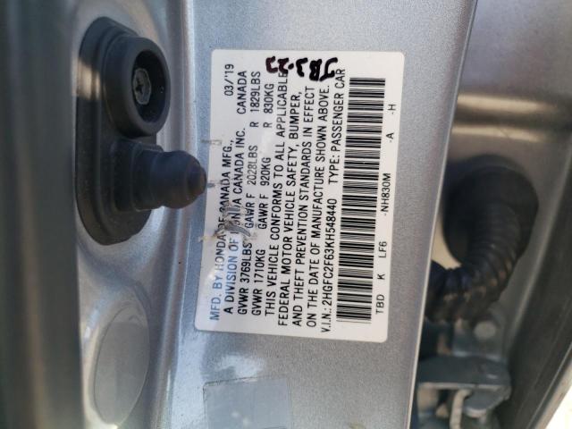 2HGFC2F63KH548440 - 2019 HONDA CIVIC LX GRAY photo 10