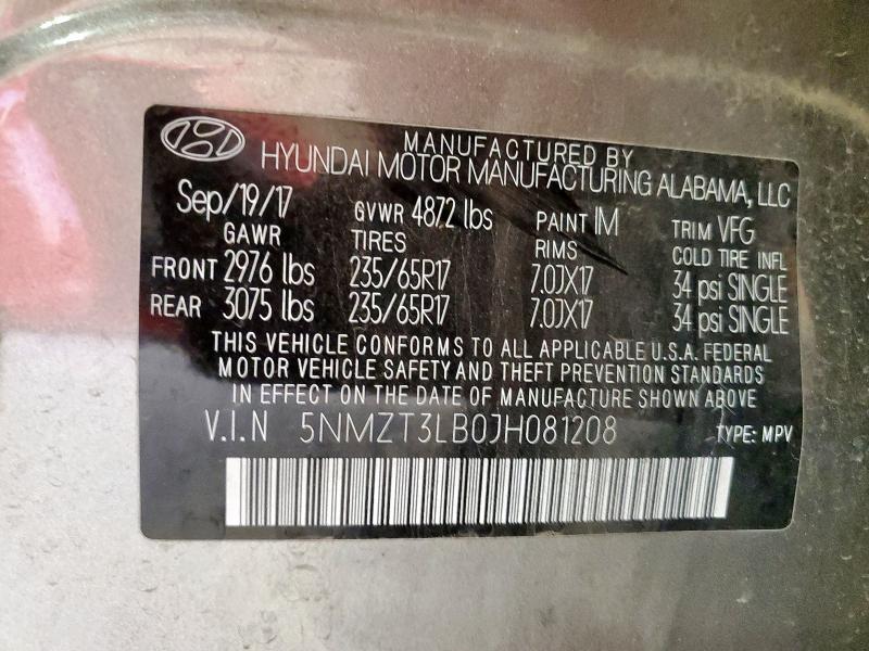 5NMZT3LB0JH081208 - 2018 HYUNDAI SANTA FE S GRAY photo 14