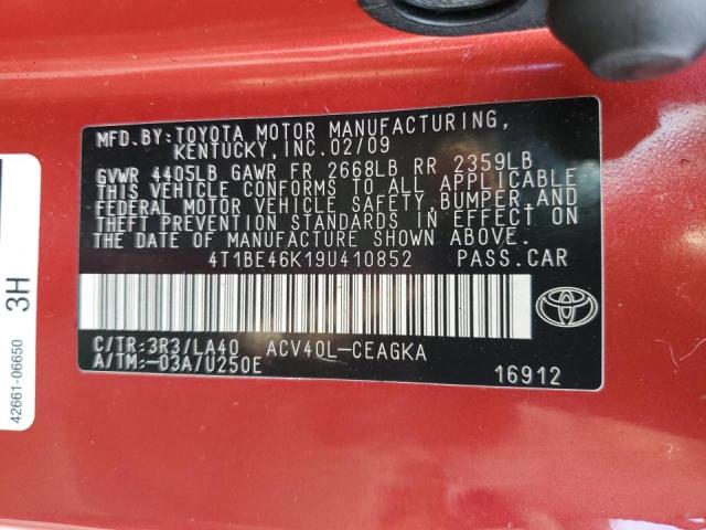 4T1BE46K19U410852 - 2009 TOYOTA CAMRY BASE RED photo 12