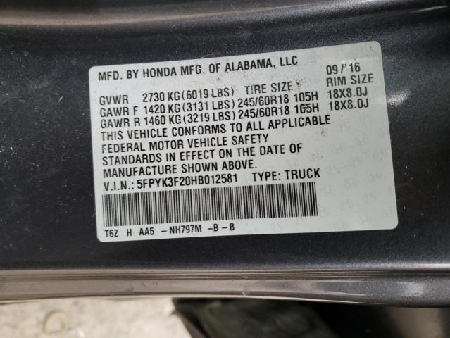 5FPYK3F20HB012581 - 2017 HONDA RIDGELINE RT GRAY photo 12