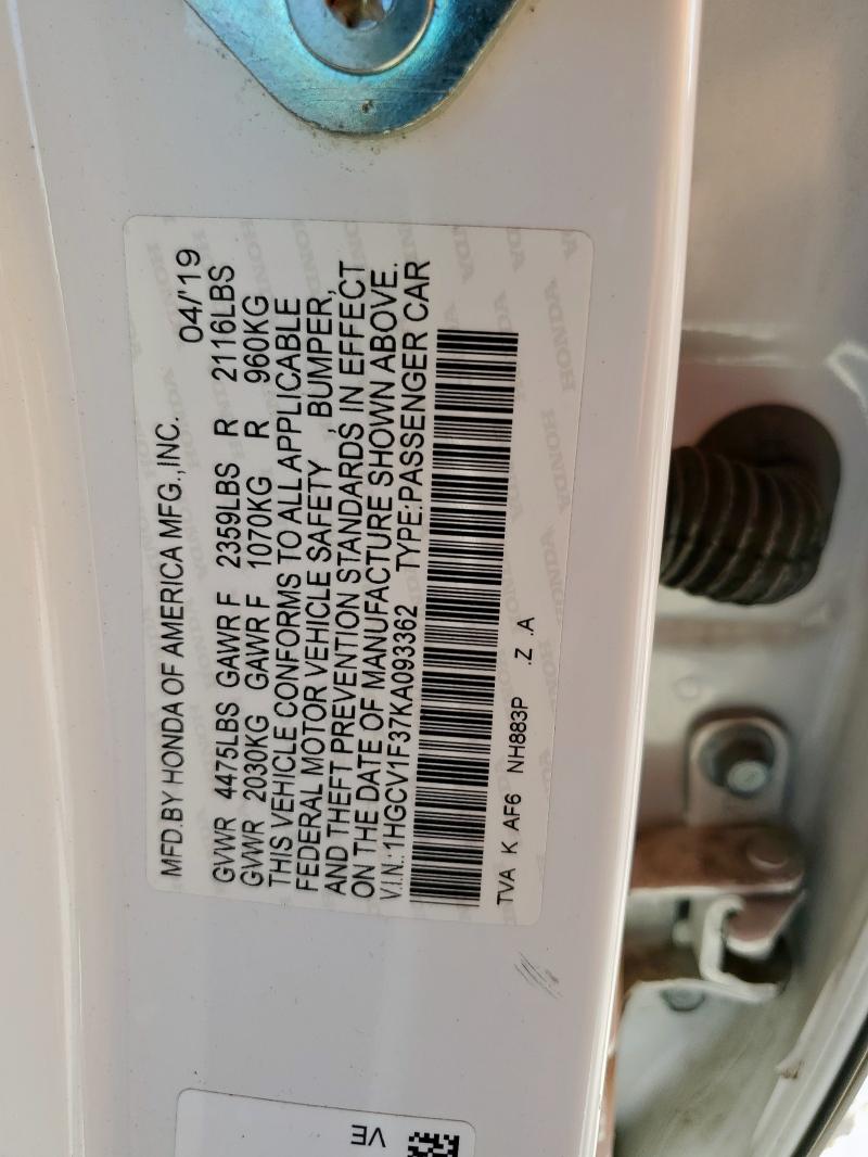 1HGCV1F37KA093362 - 2019 HONDA ACCORD SPORT თეთრი ფოტო 12