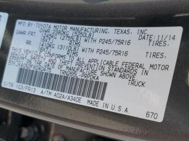 5TFJX4GN2FX040475 - 2015 TOYOTA TACOMA DOUBLE CAB PRERUNNER GRAY photo 12