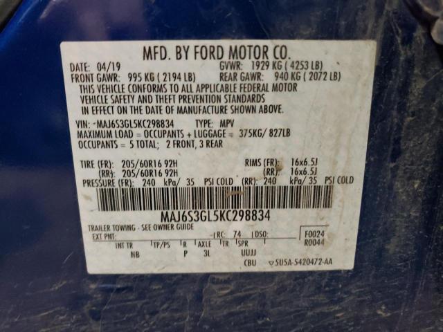 MAJ6S3GL5KC298834 - 2019 FORD ECOSPORT SE BLUE photo 12