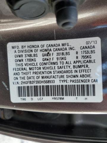 2HGFB2F59DH568933 - 2013 HONDA CIVIC LX GRAY photo 11