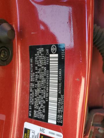 4T1BE46K49U408920 - 2009 TOYOTA CAMRY BASE RED photo 12