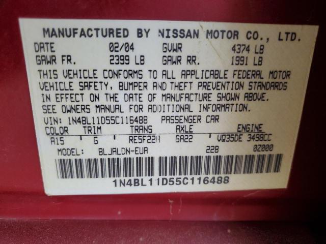 1N4BL11D55C116488 - 2005 NISSAN ALTIMA SE RED photo 13