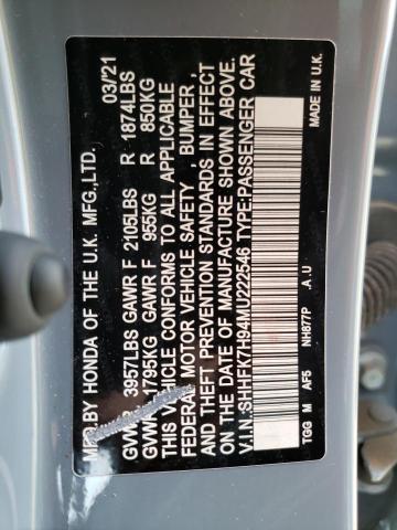 SHHFK7H94MU222546 - 2021 HONDA CIVIC SPORT TOURING GRAY photo 12