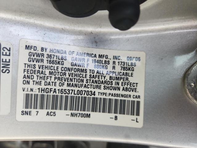 1HGFA16537L007034 - 2007 HONDA CIVIC LX SILVER photo 12
