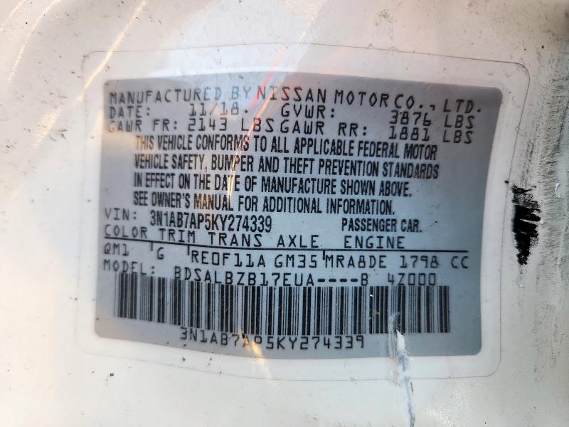3N1AB7AP5KY274339 - 2019 NISSAN SENTRA S WHITE photo 13