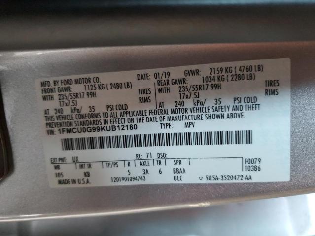 1FMCU0G99KUB12180 - 2019 FORD ESCAPE SE SILVER photo 12