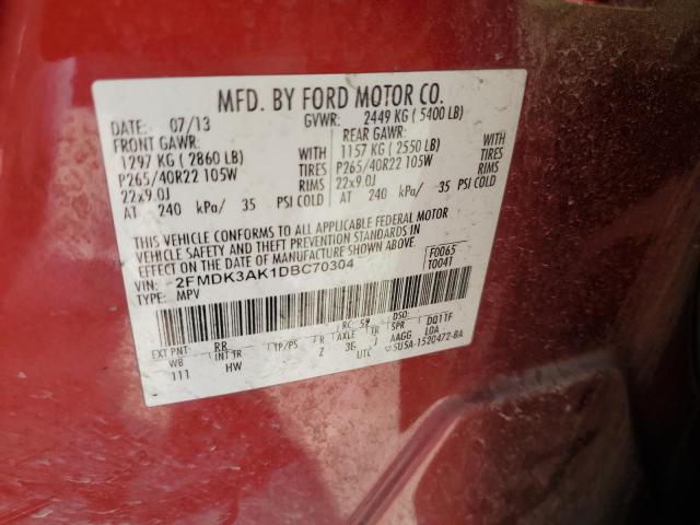 2FMDK3AK1DBC70304 - 2013 FORD EDGE SPORT RED photo 12