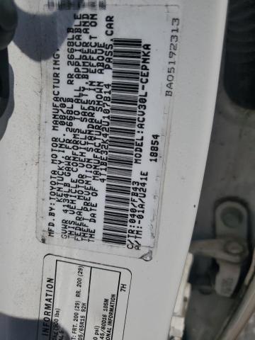 4T1BE32K42U107814 - 2002 TOYOTA CAMRY LE WHITE photo 12