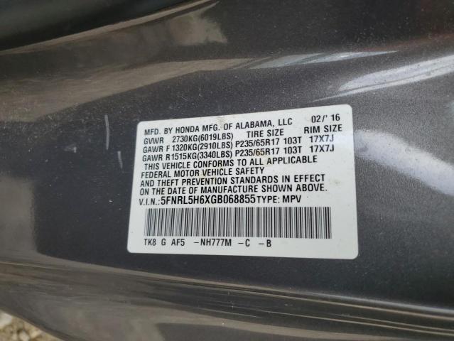 5FNRL5H6XGB068855 - 2016 HONDA ODYSSEY EXL GRAY photo 13