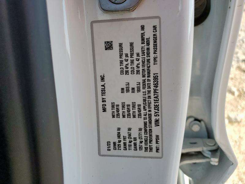 5YJ3E1EA7PF463951 - 2023 TESLA MODEL 3 WHITE photo 12