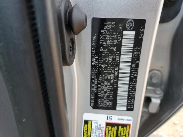 4T1B11HK1KU820984 - 2019 TOYOTA CAMRY L 银色 照片 12