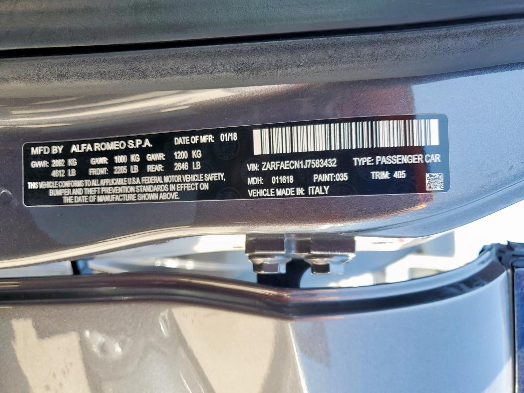 ZARFAECN1J7583432 - 2018 ALFA ROMEO GIULIA TI Szary zdjęcie 12