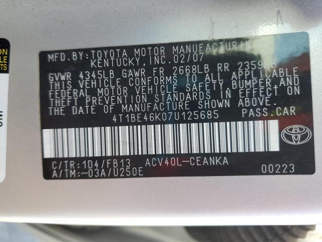 4T1BE46K07U125685 - 2007 TOYOTA CAMRY CE 银色 照片 12