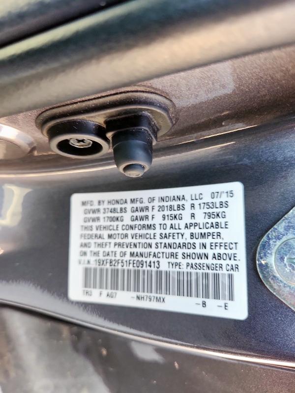 19XFB2F51FE091413 - 2015 HONDA CIVIC LX GRAY photo 12