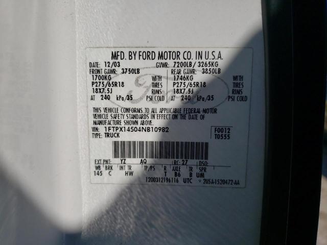 1FTPX14504NB10982 - 2004 FORD F150 WHITE photo 12