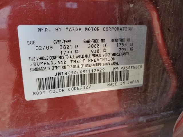 JM1BK32FX81112929 - 2008 MAZDA 3 I RED photo 12