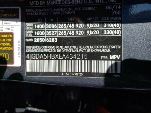 4JGDA5HBXEA434215 - 2014 MERCEDES-BENZ ML 350 4MATIC GRAY photo 12