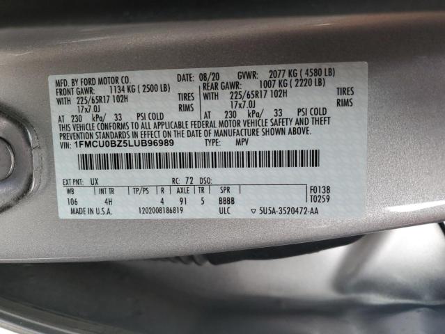 1FMCU0BZ5LUB96989 - 2020 FORD ESCAPE SE SPORT SILVER photo 12