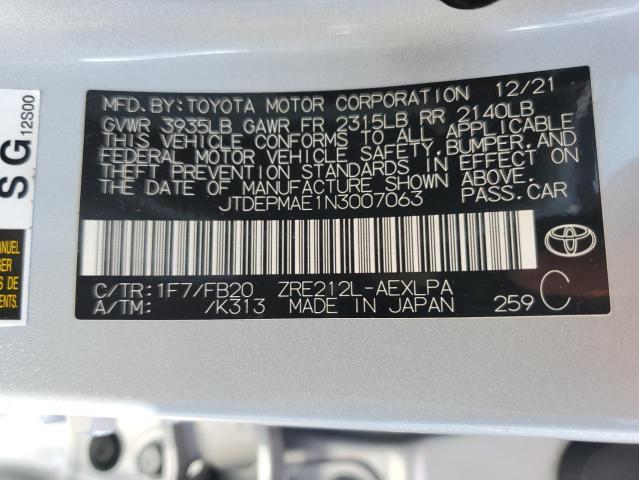 JTDEPMAE1N3007063 - 2022 TOYOTA COROLLA LE SILVER photo 13