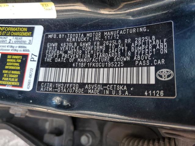 4T1BF1FK0CU195225 - 2012 TOYOTA CAMRY BASE CHARCOAL photo 12