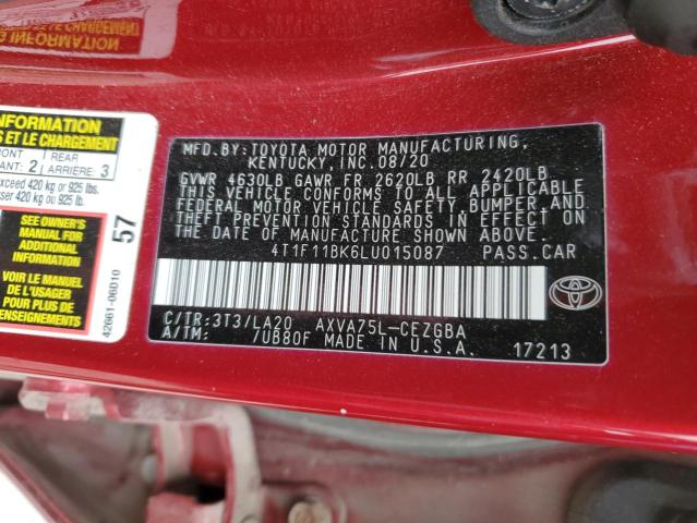 4T1F11BK6LU015087 - 2020 TOYOTA CAMRY XLE RED photo 12