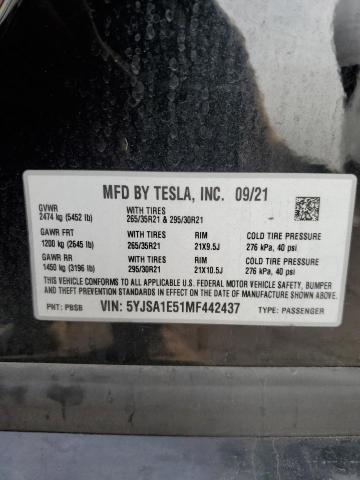5YJSA1E51MF442437 - 2021 TESLA MODEL S BLACK photo 12