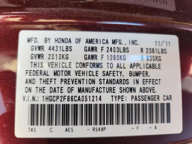 1HGCP2F86CA051214 - 2012 HONDA ACCORD EXL MAROON photo 13