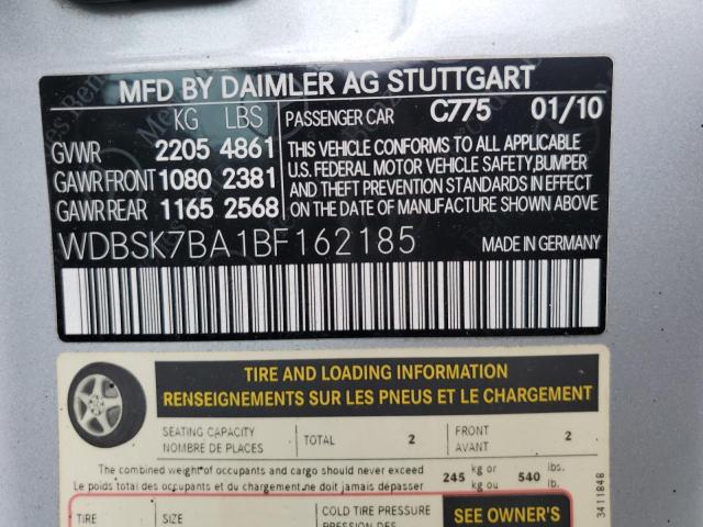 WDBSK7BA1BF162185 - 2011 MERCEDES-BENZ SL 550 SILVER photo 12