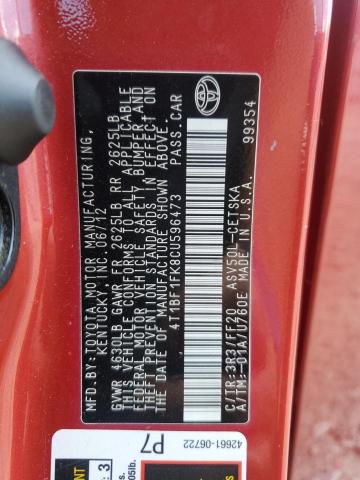4T1BF1FK8CU596473 - 2012 TOYOTA CAMRY BASE წითელი ფოტო 13