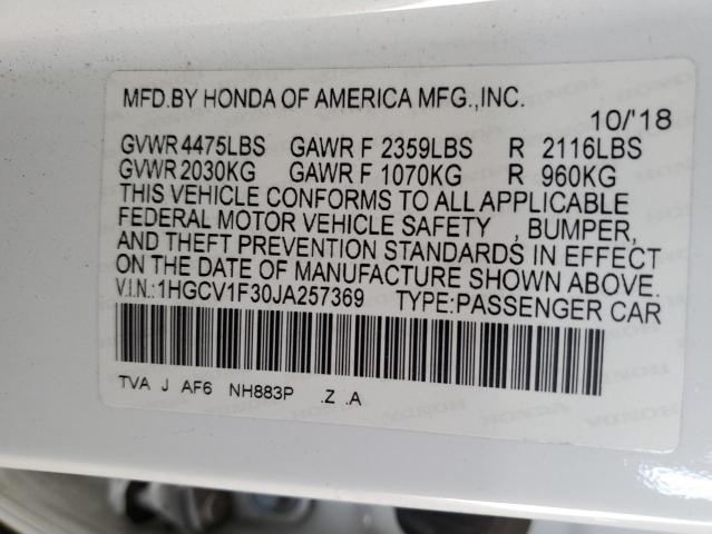 1HGCV1F30JA257369 - 2018 HONDA ACCORD SPORT Ақ фото 12