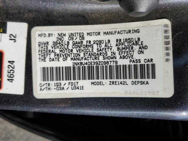 1NXBU40E39Z098779 - 2009 TOYOTA COROLLA BASE ნაცრისფერი ფოტო 12