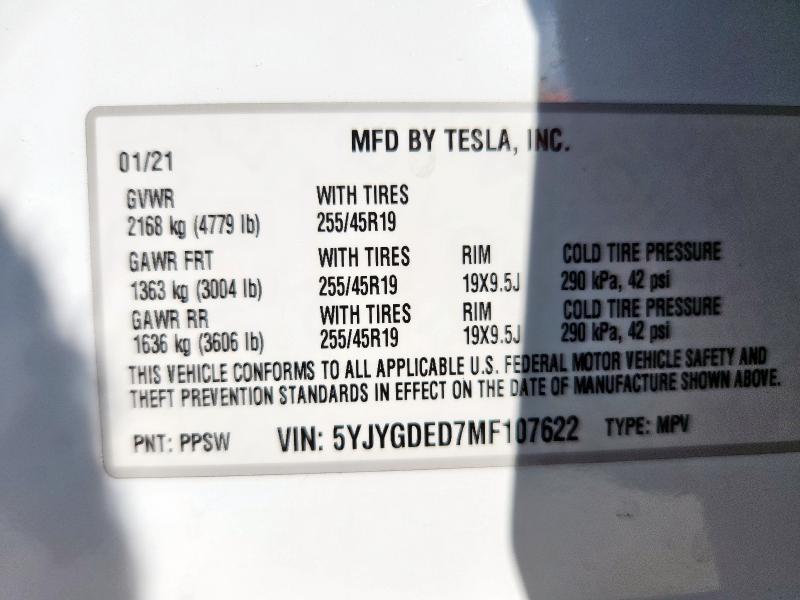 5YJYGDED7MF107622 - 2021 TESLA MODEL Y თეთრი ფოტო 12