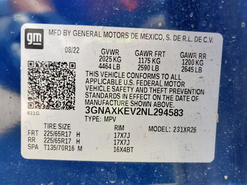 3GNAXKEV2NL294583 - 2022 CHEVROLET EQUINOX LT ლურჯი ფოტო 14