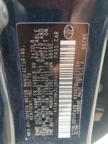 4T1A11AK2LU869098 - 2020 TOYOTA CAMRY L BLUE photo 12