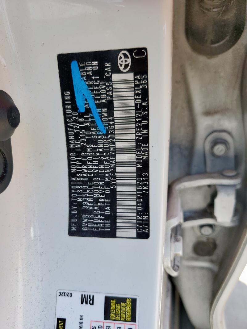 5YFEPMAE7MP203644 - 2021 TOYOTA COROLLA LE WHITE photo 12