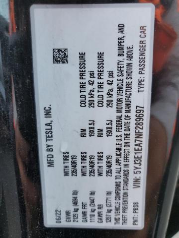 5YJ3E1EA7NF289697 - 2022 TESLA MODEL 3 BLACK photo 12