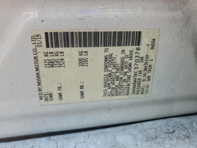 1N4AA6AV3KC370378 - 2019 NISSAN MAXIMA S 白色 照片 12